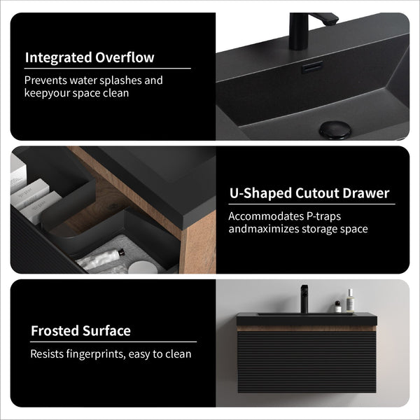 Crius 30'' Black Floating Single Vanity with Black Quartz Countertop TONA Bathroom Furniture