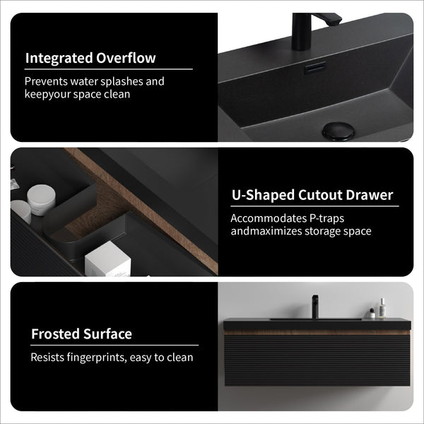 Crius 48'' Black Floating Single Vanity with Black Quartz Countertop TONA Bathroom Furniture