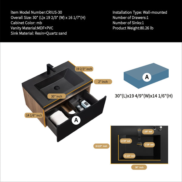 Crius 30'' Black Floating Single Vanity with Black Quartz Countertop TONA Bathroom Furniture
