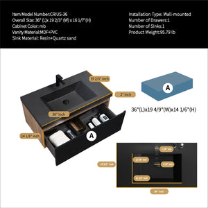 Crius 36'' Black Floating Single Vanity with Black Quartz Countertop TONA Bathroom Furniture