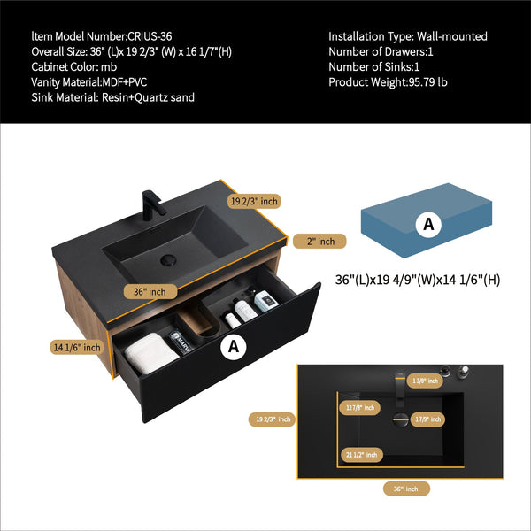 Crius 36'' Black Floating Single Vanity with Black Quartz Countertop TONA Bathroom Furniture