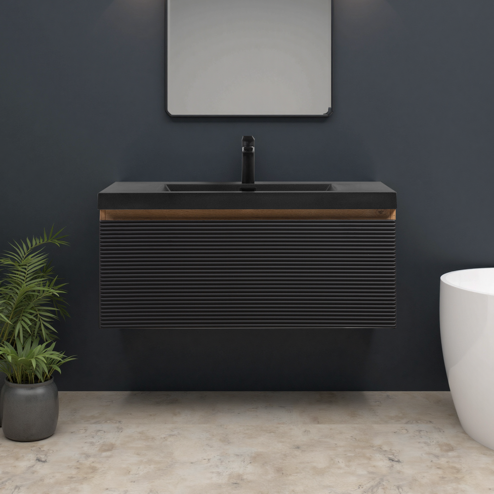 Crius 36'' Black Floating Single Vanity with Black Quartz Countertop TONA Bathroom Furniture