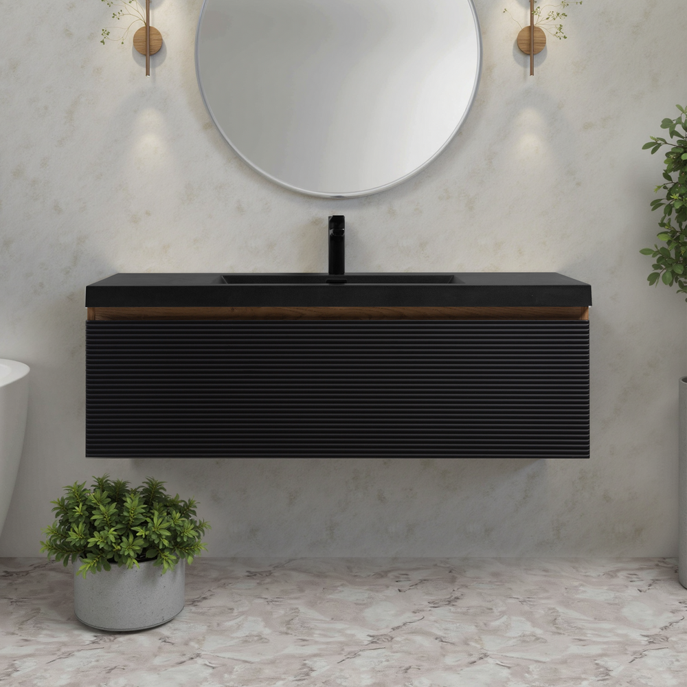 Crius 48'' Black Floating Single Vanity with Black Quartz Countertop TONA Bathroom Furniture