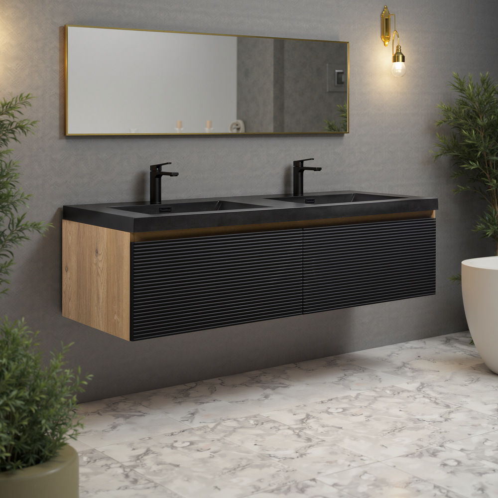 Crius 60'' Black Floating Double Vanity with Black Quartz Countertop TONA Bathroom Furniture