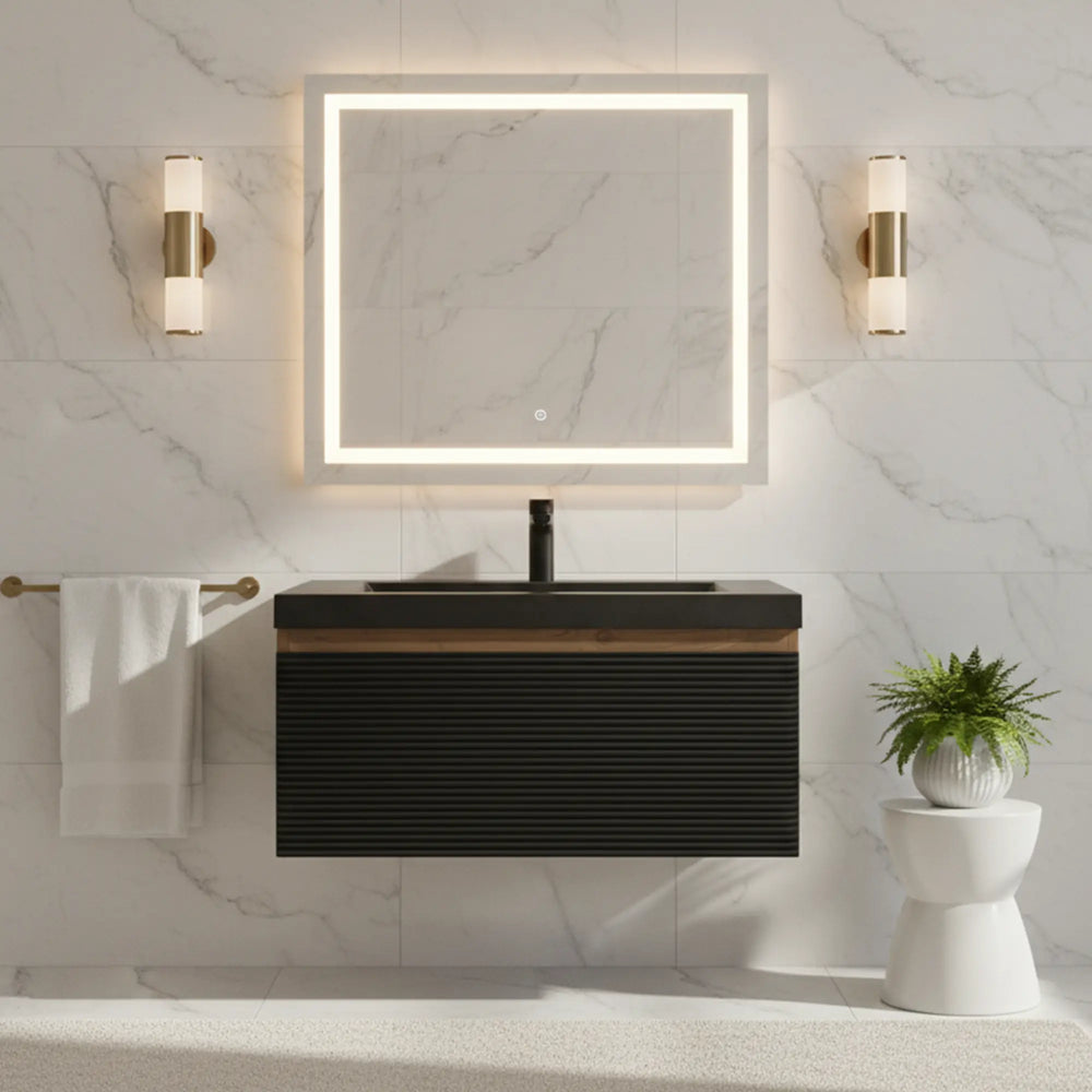 Crius 30'' Black Floating Single Vanity with Black Quartz Sands Countertop TONA Bathroom Furniture