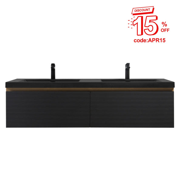 Crius 60'' Black Floating Double Vanity with Black Quartz Sands Countertop TONA Bathroom Furniture