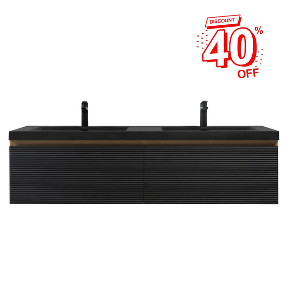 Crius 60'' Black Floating Double Vanity with Black Quartz Sands Countertop TONA Bathroom Furniture