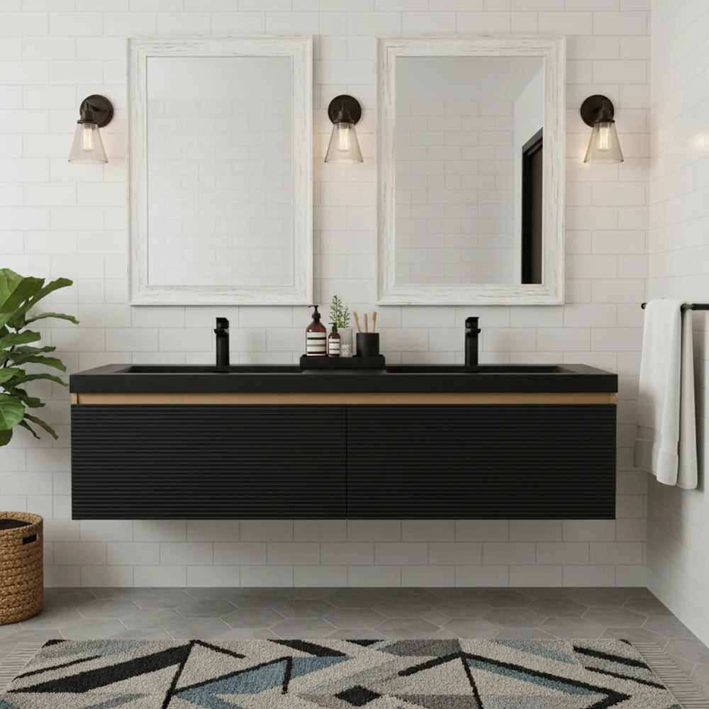 Crius 60'' Black Floating Double Vanity with Black Quartz Sands Countertop TONA Bathroom Furniture
