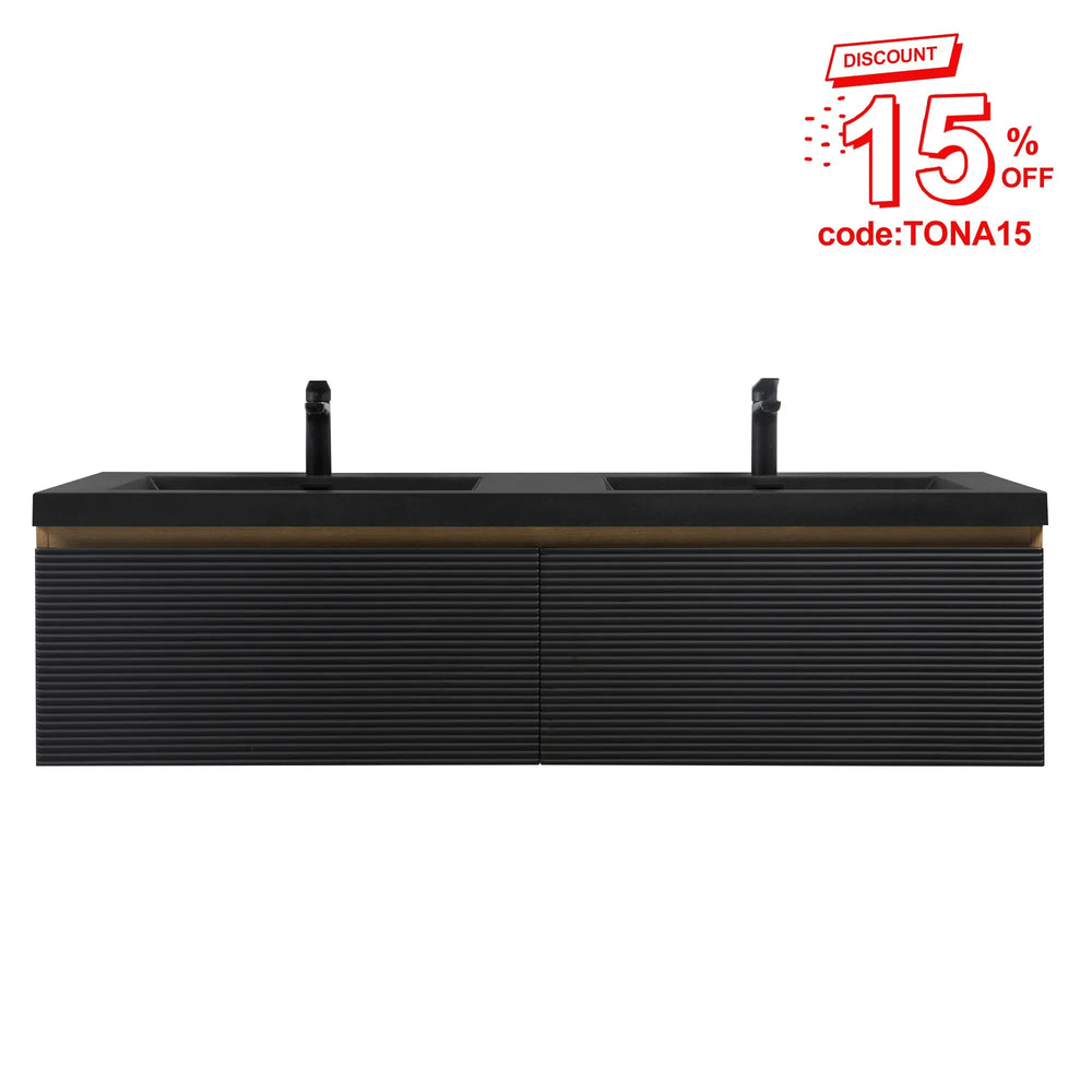 Crius 60'' Black Floating Double Vanity with Black Quartz Sands Countertop TONA Bathroom Furniture