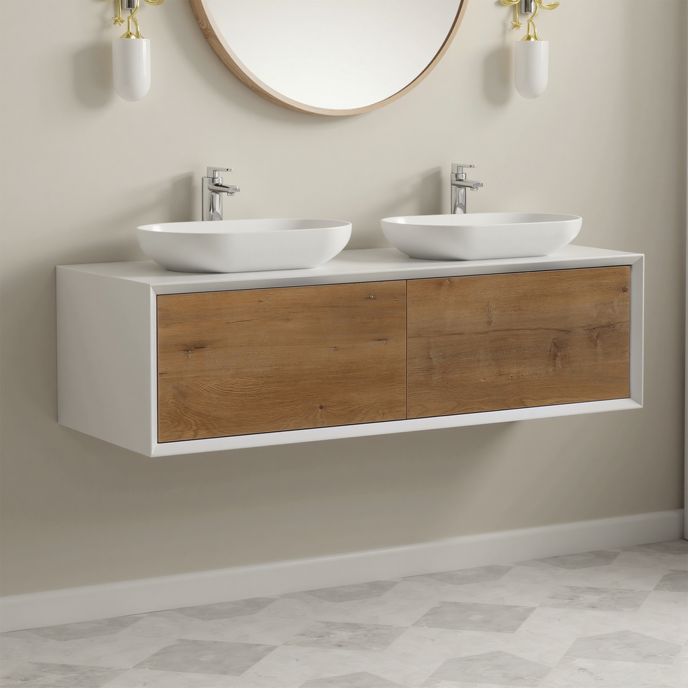 Fiona 55'' Floating Double Vanity with White Vessel Sink and U-Drawer TONA Bathroom Furniture