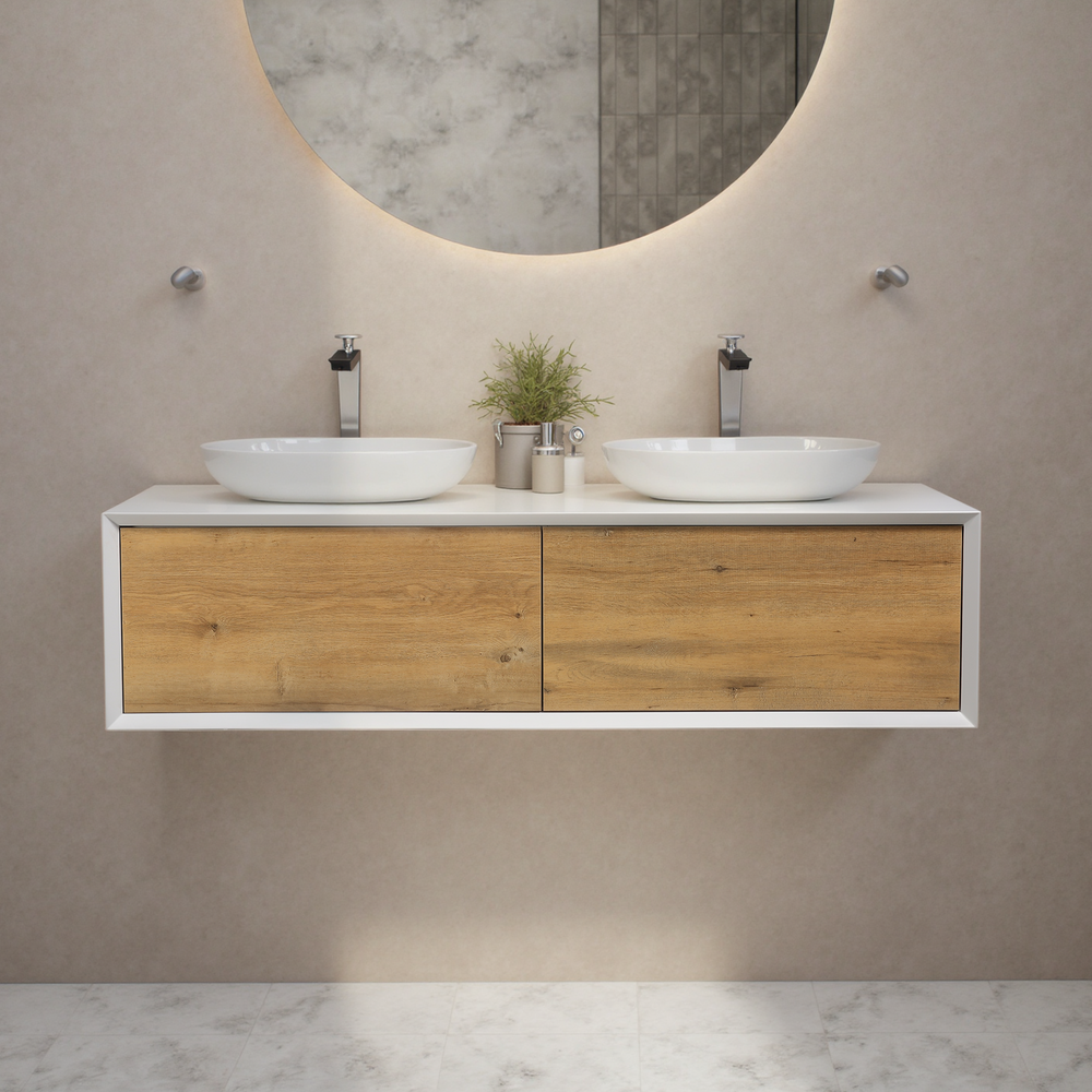 Fiona 63'' Floating Double Vanity with White Vessel Sink and U-Drawer TONA Bathroom Furniture