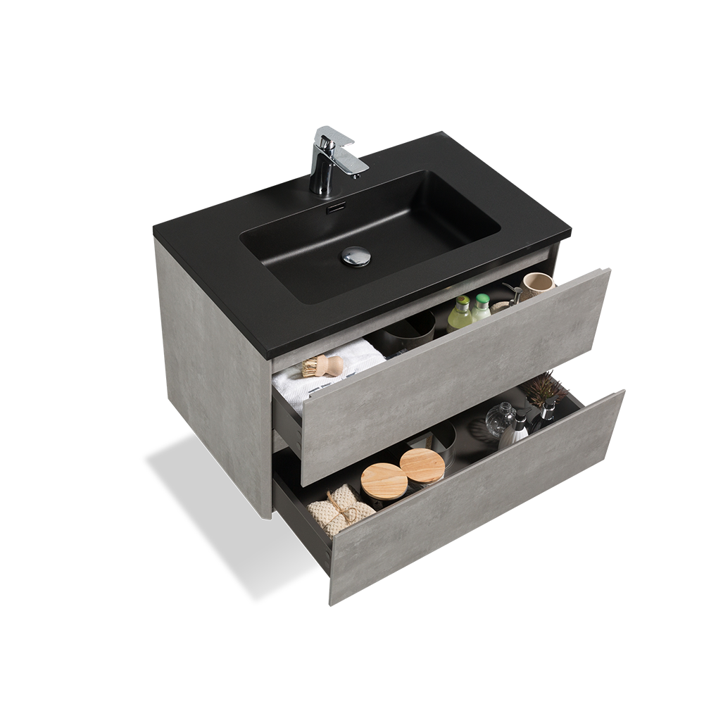 Wall Mounted Bathroom Vanity with Black Quartz Integrated Top&Sink - TONA Edi