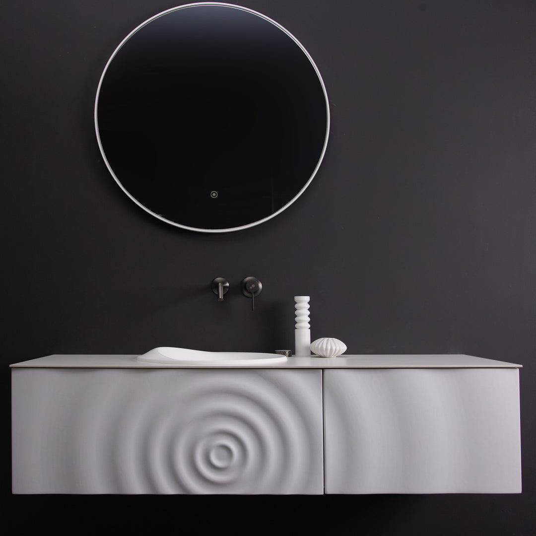 TONA Wave wall-mounted bathroom vanity features a unique ripple-like drawer front.