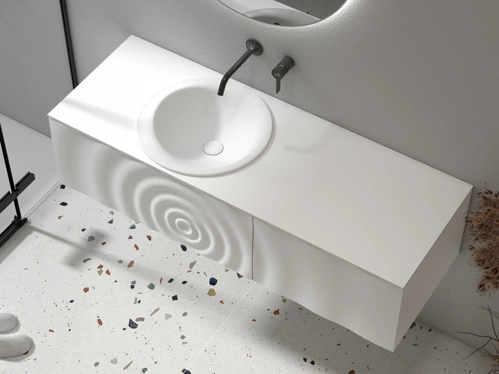 TONA Wave wall-mounted bathroom vanity features a unique ripple-like drawer front.