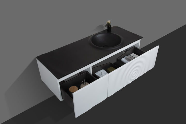 TONA Wave wall-mounted bathroom vanity features a unique ripple-like drawer front.