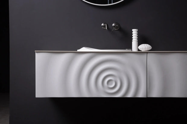 TONA Wave wall-mounted bathroom vanity features a unique ripple-like drawer front.