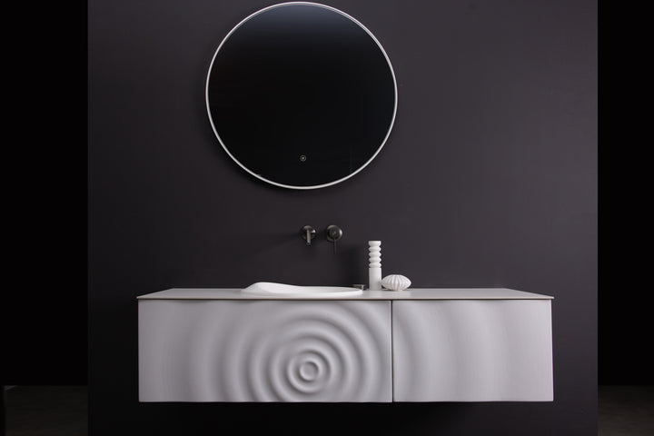 TONA Wave wall-mounted bathroom vanity features a unique ripple-like drawer front.