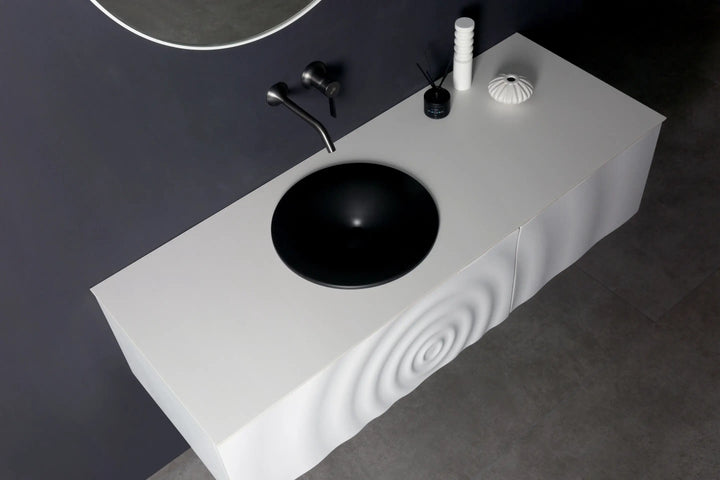 TONA Wave wall-mounted bathroom vanity features a unique ripple-like drawer front.