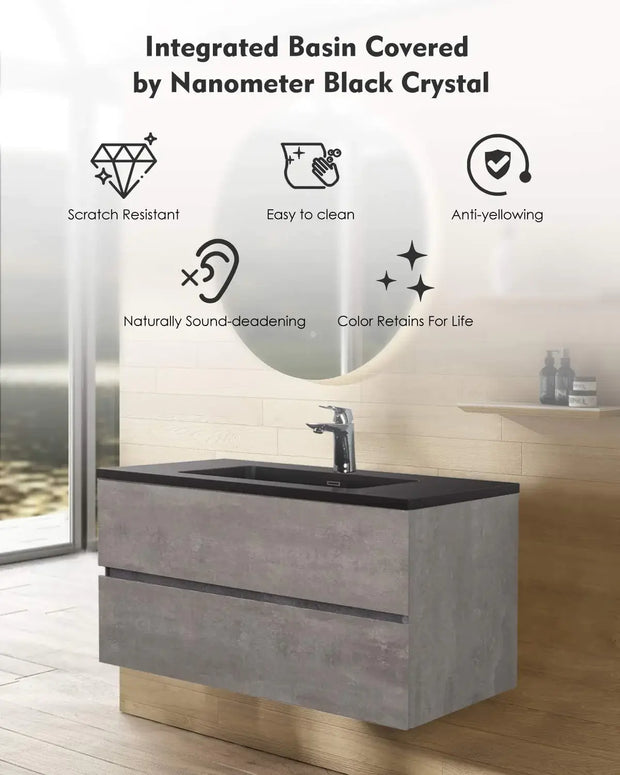 Wall Mounted Bathroom Vanity with Black Quartz Integrated Top&Sink - TONA Edi