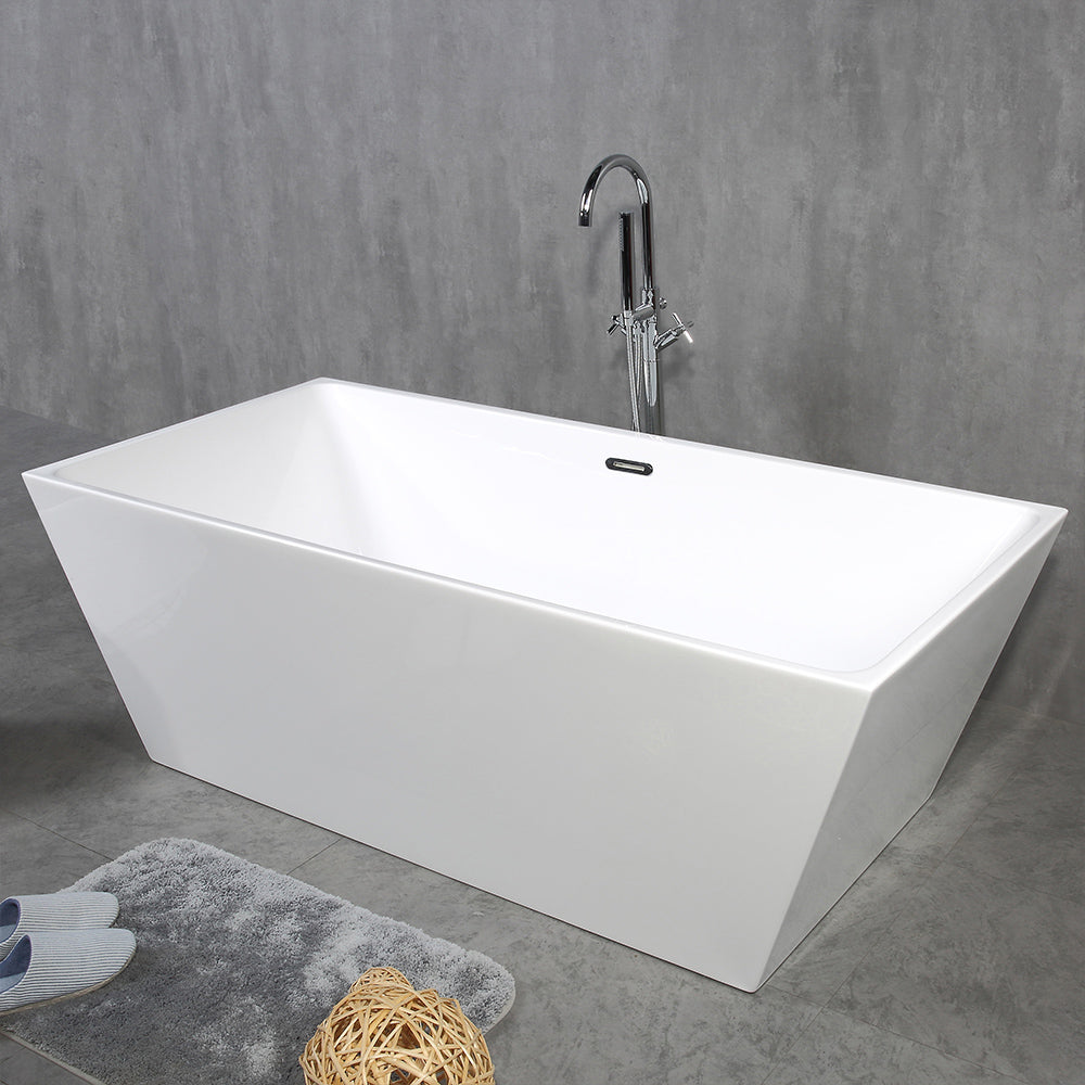 TONA Harmony Series Acrylic Freestanding Bathtub in Glossy White with Chrome Drain Cover and Overflow Cover