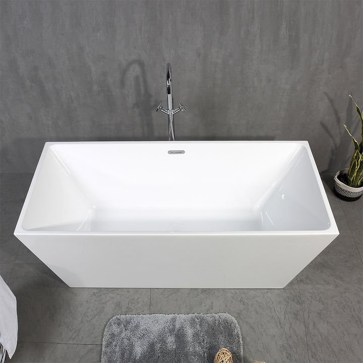 TONA Harmony Series Acrylic Freestanding Bathtub in Glossy White with Chrome Drain Cover and Overflow Cover