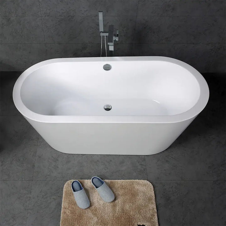 TONA Spree Series Acrylic Freestanding Bathtub in Glossy White with Chrome Drain Cover and Overflow Cover