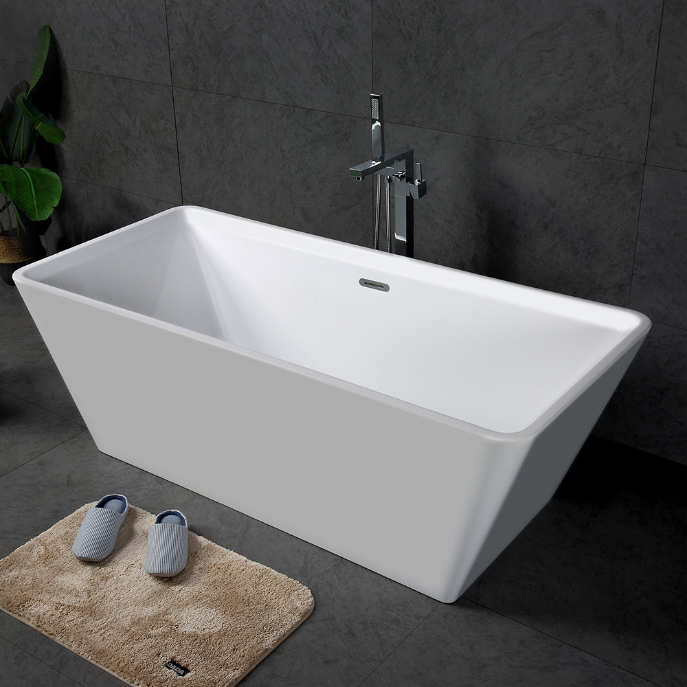 TONA Star Series Rectangular Acrylic Freestanding Bathtub in Glossy White  with Chrome-Plated Drain Cover & Overflow Cover