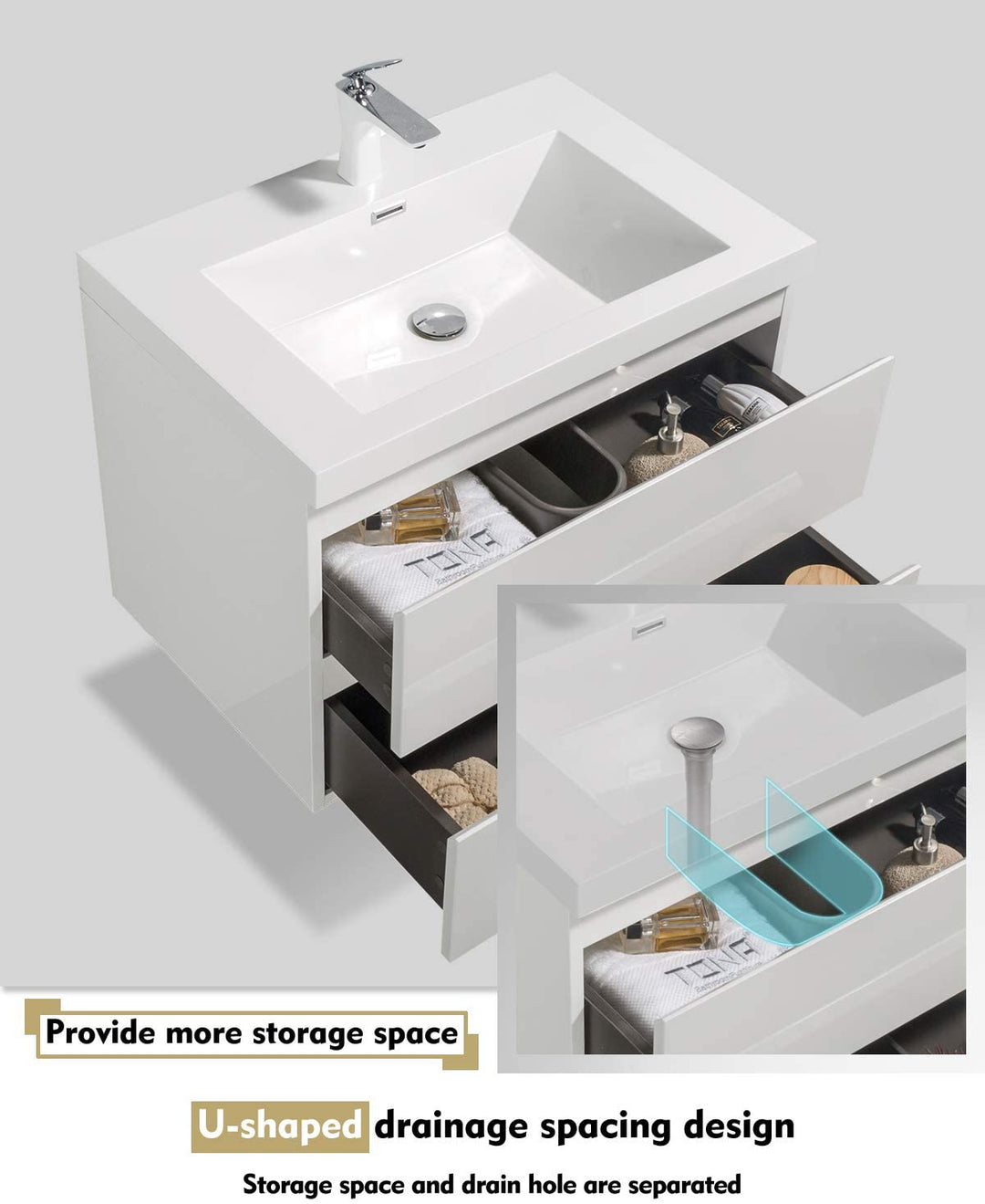 TONA ANGELA FLOATING VANITY SINGLE BASIN WITH WHITE COUNTERTOP (24"- 60")