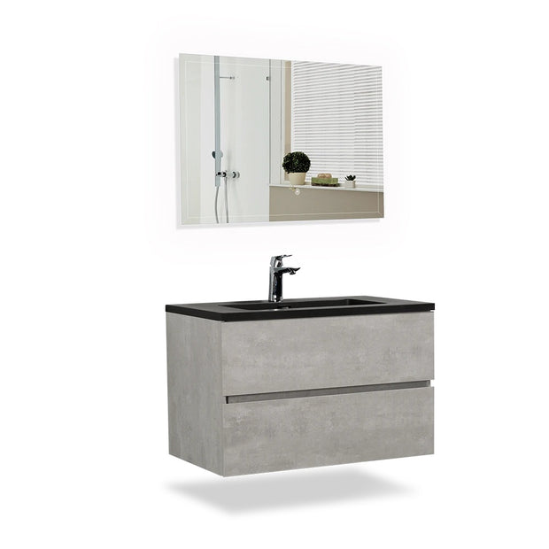 TONA Edi Wall Mounted Single Bathroom Vanity with Black Quartz Integrated Sink + F Series Vanity Mirror